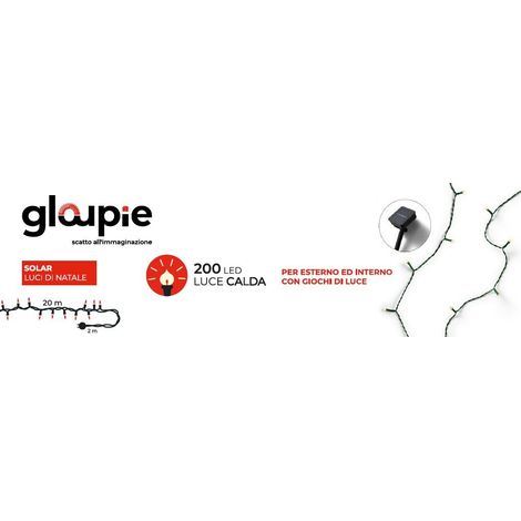 Gloupie Luci DI Natale Solar da 22 mt con 200 Led Bianco Caldo, Cavo Verde, Funzione Memoria e Timer (1/5)