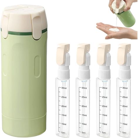 Distributeur de voyage 4 en 1, avec étiquette, portable, 4 en 1, rechargeable, pour lotions, crèmes, shampooings, après-shampooings, gels douche (vert) (1/5)