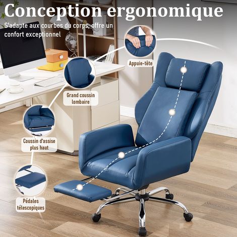 Chaise de Bureau en Cuir PU Bleu, Ergonomique, Dossier Réglable 90°-135°, Pivotante 360°, Repose-Pied, Accoudoirs Rabattables, Roulettes Silencieuses (1/5)