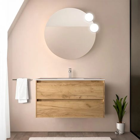 Mobile bagno sospeso 90 cm rovere africa con specchio e lavabo Gaya (1/5)