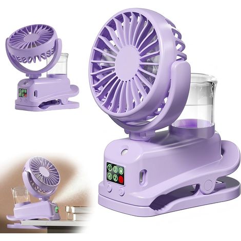 Mini USB Ventilateur Pince Portable, Mini Ventilateur Rechargeable Avec Spray Humidificateur, 4 Vitesses,Mini Ventilateur Portable(Violet)