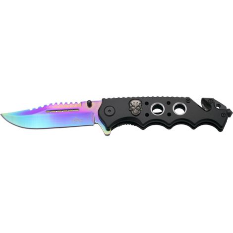 Coltello Third 17141W manico de alluminio nero con fori e teschio. Lama de 10 cm placcata in titanio rainbow lucida. Con clip