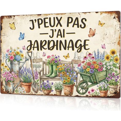 Aluminium Sign 20 x 30 cm "J'Peux Pas J'AI Jardinage", Metal Sign Vintage Butterfly Flowers, Garden Wall Decoration, Greenhouse Shed, Chic Country Style, Gardener Gift Idea (1/5)