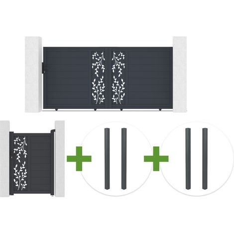 Portail coulissant 3m FOLYA H.140cm aluminium gris + 4 poteaux + Portillon 1m FOLYA H.140cm (1/5)