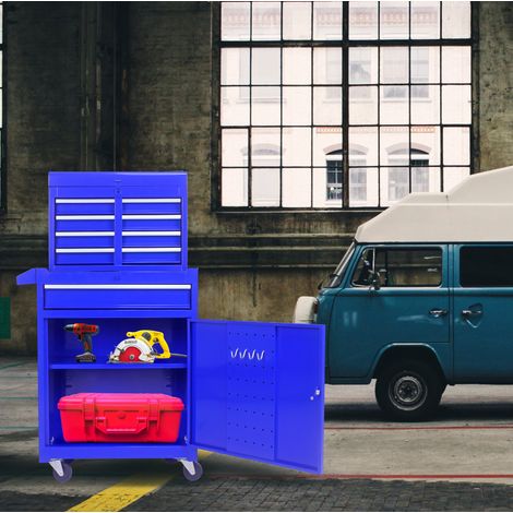 Meuble rangement atelier 5 tiroirs sur roulettes bleu OKMYHOME (1/5)