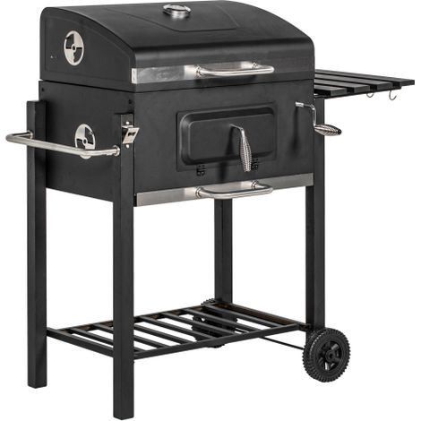 Chariot barbecue à charbon de bois, support en acier inoxydable noir 113 x 65 x 108 cm pour jardin et terrasse, installation sur site. (1/5)