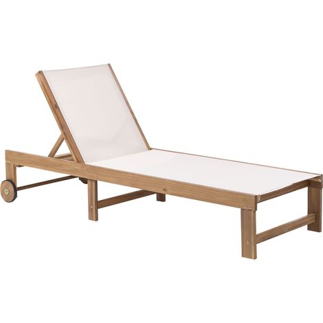 Chaise Longue en Bois d'Acacia Certifié Assise en Tissu Meuble de Jardin Terrasse Roulettes Beige et Marron Clair Pedesina
