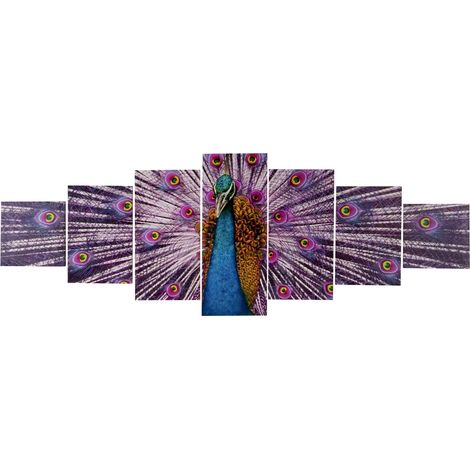 Cuadro lienzo T375, cuadro pared bastidor cuadro arte impresión, 7 piezas 140x50cm, Pavo real