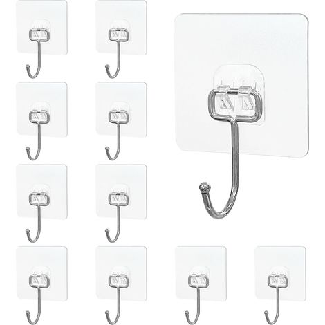 10 crochets autocollants transparents, étanches, sans traces et solides pour salle de bain, cuisine, bureau, plafond et porte (1/5)