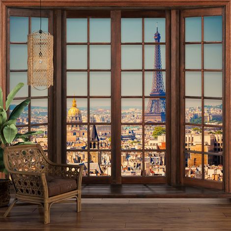 Papier peint panoramique Trompe l'oeil Fenêtre en bois - Paris tour eiffel - 130 cm x 104 cm (1/5)