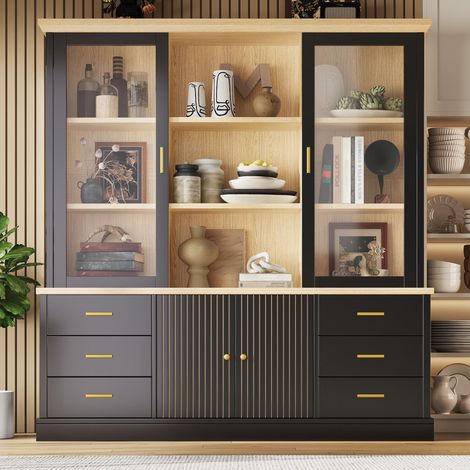 Credenza alta da cucina - 140 x 40 x 185 cm - mobile dispensa con 6 cassetti, ante in vetro, dispositivo antiribaltamento, mobile contenitore per soggiorno, stile moderno, MDF, nero (1/5)