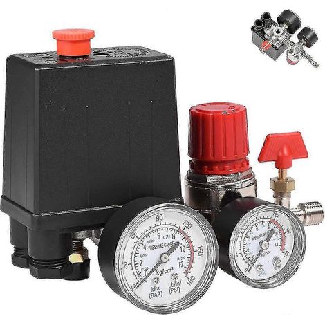 Pressostat à air monophasé 4 ports pour compresseur (90 - 120 psi) avec manomètres - Réduction de pression rapide (1/4)