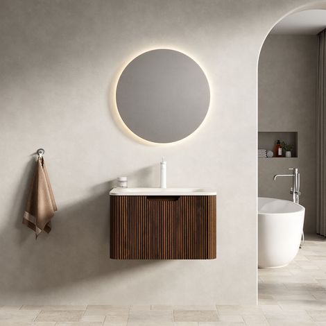 Mobile lavabo sospeso 60 cm in pietra sinterizzata e compensato, beige Roma Travertino e noce, con cassetto LED soft-close