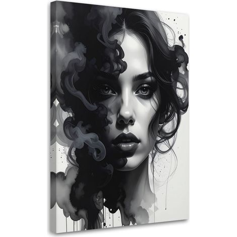 Tableau Moderne, Portrait d'une femme fumée abstrait noir et blanc,20x30 (1/4)