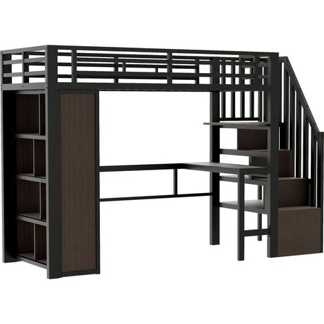 Cama alta 90 x 200 cm de metal y MDF con escritorio, almacenamiento, LED, negro, HOMVRA (1/5)
