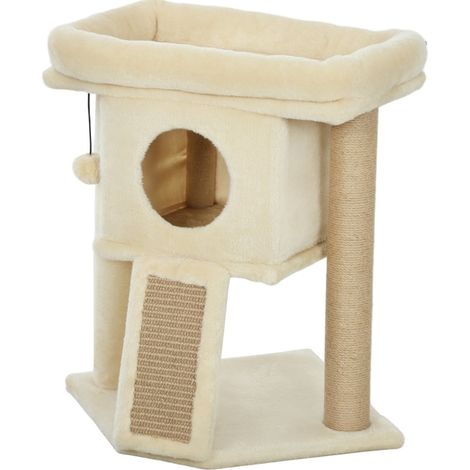 Arbre à chat beige avec plateforme, griffoir en jute, maison et balle de jeu 40 x 40 x 57 cm (1/5)