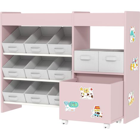 Kids Toy Storage Unit 11 Bins, Cabinet, Top Shelves, 3 Stickers, for Nursery, Playroom, Pink (1/5)