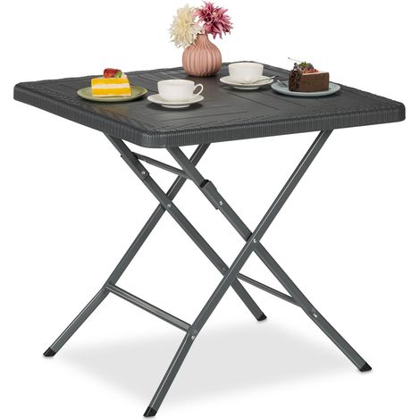 Relaxdays Gartentisch Holz-Optik, quadratisch, HBT: 74x78x78 cm, Balkontisch, Kunststoff, Metall, Outdoortisch, grau
