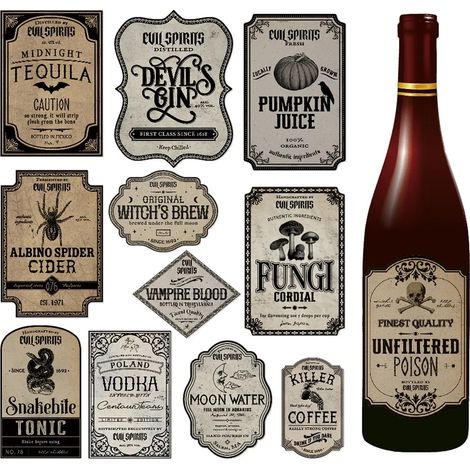 (11 autocollants) Autocollants décoratifs pour bouteilles de vin sur le thème d'Halloween - Collection Art Classique - Étiquettes idéales pour décorer votre intérieur à Halloween ou comme cadeau d'hôt (1/5)