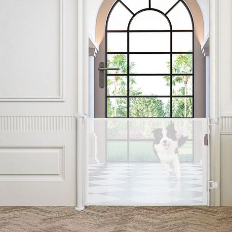 Hofuton Barrière de Sécurité Rétractable pour Bébé Enfant Adaptée aux Escaliers, Couloirs, Intérieur et Extérieur 150cm Blanc (1/4)