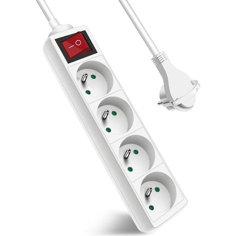 Multiprise 4 Prises avec Interrupteur Fiche plate, Bloc 4 prises, Rallonge 1.5m 230 V avec sécurité Enfant, Blanc (1/5)