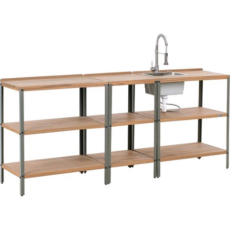 Outdoor-Küche 3er Set mit Spüle IVREA Braun / Silber zertifiziertes Akazienholz (1/5)