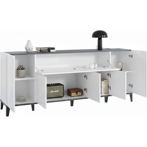 Dmora Credenza moderna a 6 ante, Made in Italy, Madia da cucina rialzata, Buffet di design da soggiorno, Cm 200x40h82, Bianco lucido e Ardesia, con imballo rinforzato