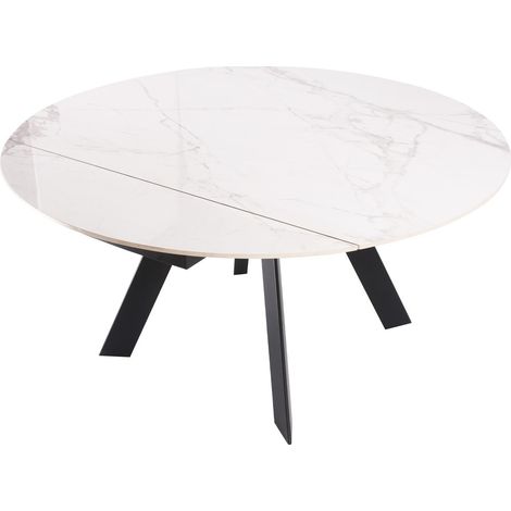 Table à manger ronde extensible 3/6 pers. en céramique effet Marbre gris Pandora et piètement noir 90/150x90 cm - Circe