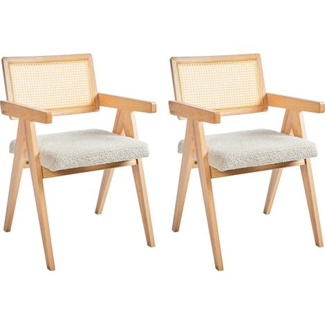 Conjunto de 2 sillas de comedor retro estructura de madera de caucho asiento de bouclé comedor cocina marrón claro y beige claro Ava (1/5)