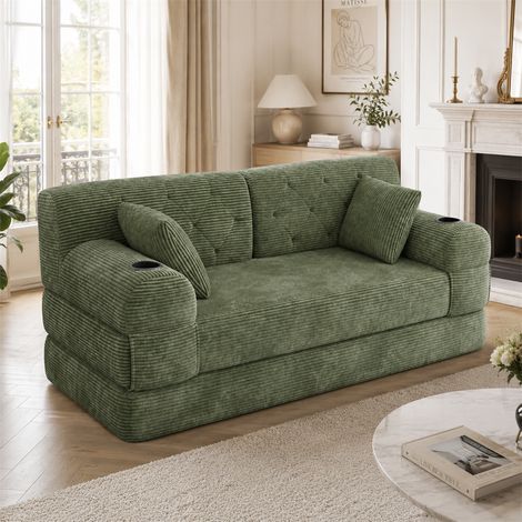 Canapé Lit Convertible 2 Places - 168x80x81cm - Banquette BZ en Velours Côtelé avec Porte-Gobelets et Poches - Vert Sapin (1/5)