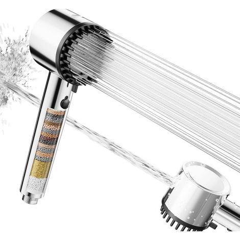 Pommeau de Douche avec Filtre, Pommeau Haute Pression Filtre 20 Étapes, 5 Modes de Jet, Système de Nettoyage Anti-Calcaire, Élimine le Chlore et Apaise les Irritations Cutanées (Chrome) (1/5)