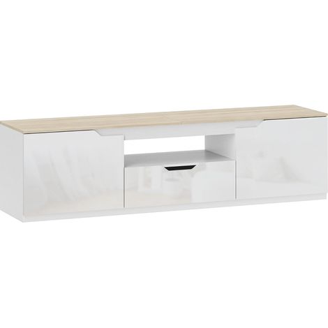 Mueble TV 160x38x43 cm MDF natural con almacenaje integrado para salón – MEUBLIV (1/5)
