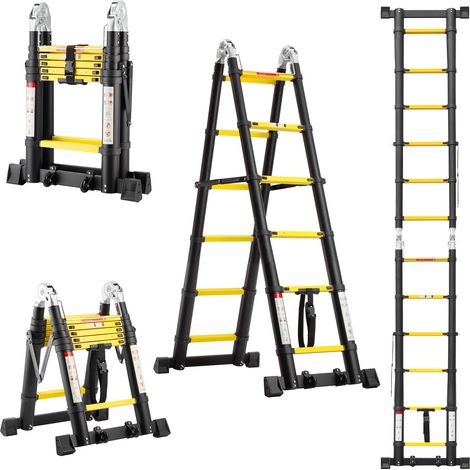 Teeno – Échelle télescopique en aluminium 3.8 m – 2x6 marches pliable – Charge 150 kg – Stabilisateurs triangulaires et roues amovibles