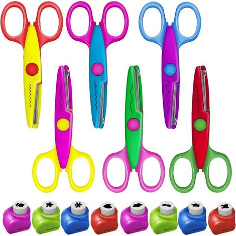 Kinderschere, 6-teilig – Bunte, kreative Wellenmuster-Zickzack-Schere mit Sicherheitskante – inklusive 8 gemusterten Lochern und Stanzen (1/5)