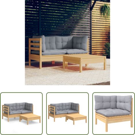 Canapé d'angle - Salon de jardin 3 pcs avec coussins gris Bois de pin (1/5)