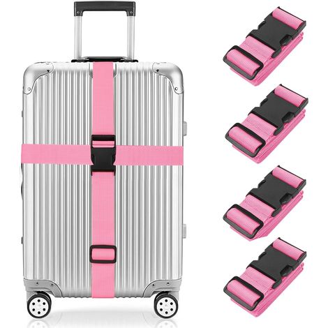 Lot de 4 sangles de bagage pour valise, sangles réglables et robustes avec boucle, ceintures d'identification de valises roses pour valise de voyage, 3,8 x 200 cm (1/5)