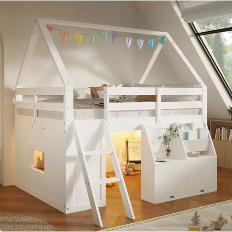 Letto a soppalco bimbi 140x200 cm casetta con LED, contenitori e scala bianco DESVIAE (1/5)
