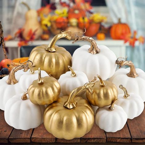 Benjia Kürbis Herbst Deko Weiß Gold Zierkürbisse Halloween 16 Stück (1/5)