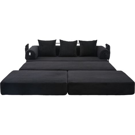 Canapé modulable en tissu côtelé noir avec ottoman, 3 coussins, poche latérale et structure métal, idéal pour petit salon, appartement ou bureau CHICFURN (1/5)