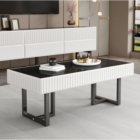 Table basse 110x50,5x41 cm noir et blanc – plateau noir brillant, MDF et panneaux de bois, MEUBLIV (1/5)