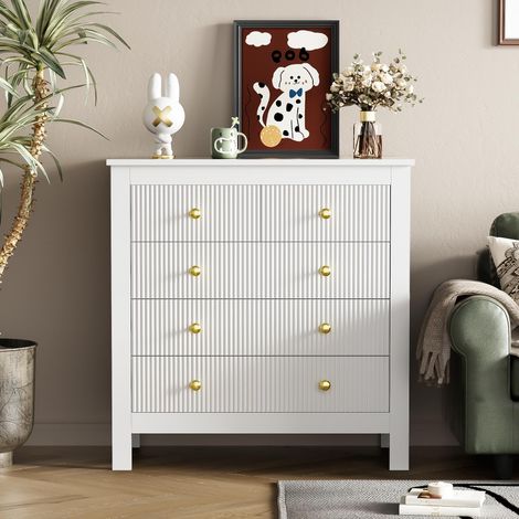 Cómoda de dormitorio con 5 cajones, con puertas especiales, tiradores dorados, mueble de almacenaje, estilo escandinavo - Blanco (1/5)