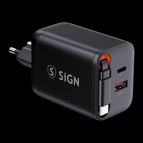 Cargador rápido SiGN GaN USB-C/USB-A de 40 W con cable USB-C extensible - Negro