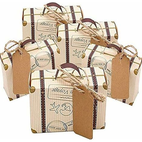 Lot de 100 mini boîtes à dragées en papier kraft vintage avec étiquettes et ficelle en toile de jute pour mariage/voyage (1/4)