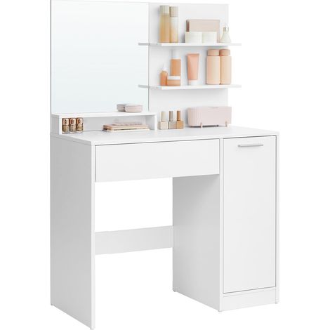 Coiffeuse avec Miroir, Compartiment avec 2 Étagères Réglables, 1 Tiroir, 2 Étagères, Coin Beauté, Style Moderne, Blanc RDT119W01 (1/5)