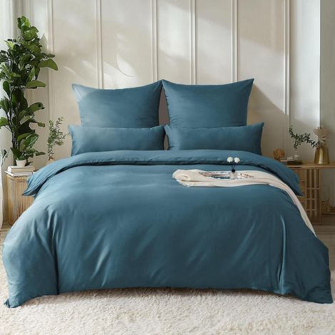 Satin Bettwäsche Set 155x220 Baumwolle Kühlend Pfauenblau 2tlg.