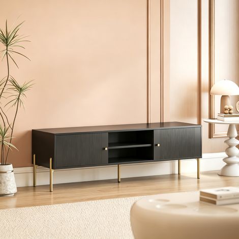 Meuble TV pour Télévision jusqu'à 65", Portes Cannelées, Compartiments Ouverts, Pieds Acier, 140 x 38 x 45,9 cm, Noir (1/5)