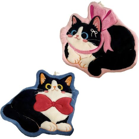 Lot de 2 essuie-mains chats - Coton doux et absorbant - Avec boucle de suspension - Pour salle de bain et cuisine - Motifs noir et blanc (1/5)