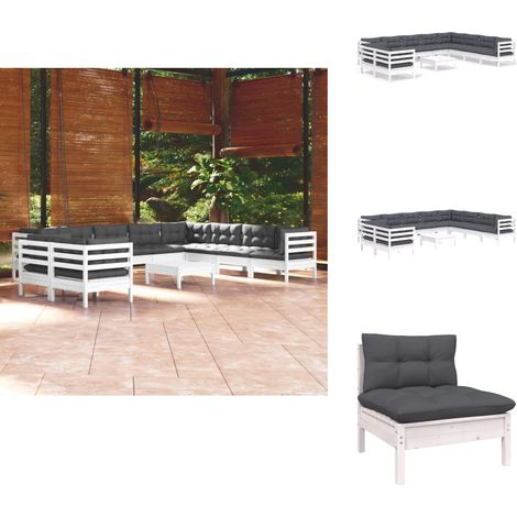 11-tlg. Garten-Lounge-Set mit Kissen Weiß Massivholz Kiefer - Garten Lounge Set - Kiefernholzmöbel - Outdoor Möbel - Gartentisch - Gartenstuhl (1/5)