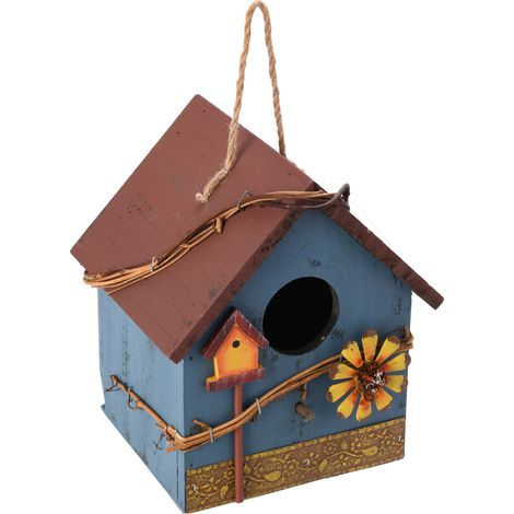 Nichoir en bois avec bordure en tôle bleue, décoration de jardin, balcon de villa extérieure (1/5)
