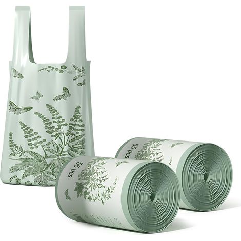 Lot de 110 sacs poubelles parfumés à l'armoise, avec anse, épais, avec poignée de transport, portables, indéchirables et imperméables, pas de déchirure nécessaire, pour salon, cuisine, bureau, salle (1/5)